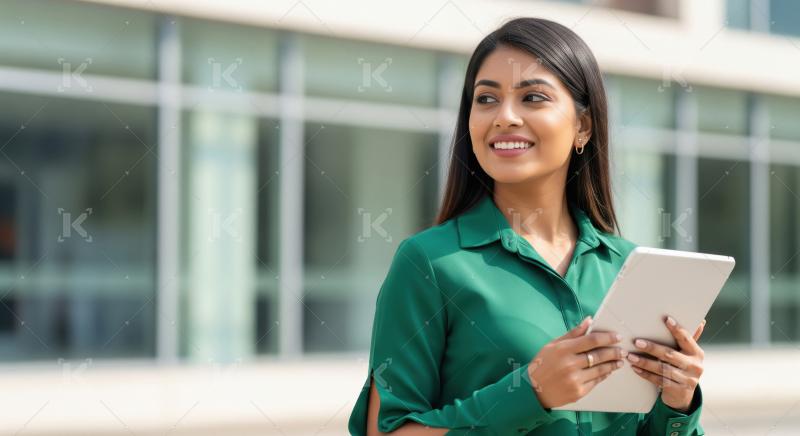 A confident young Indian businesswoman in a green shirt uses a t