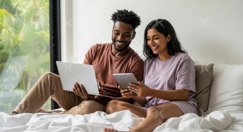 A joyful couple relaxes on a bed sharing a laptop and tablet, en