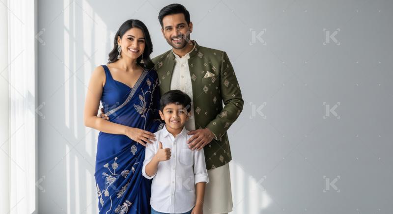 A modern Indian family poses together for a formal portrait, rad