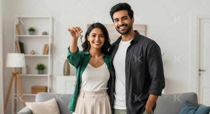 A joyful young Indian couple stand together in their new home, c
