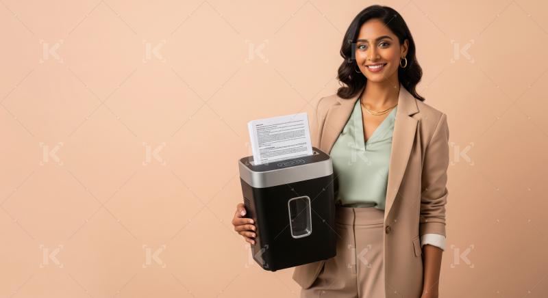 A smart Indian businesswoman in a beige suit operates a paper sh