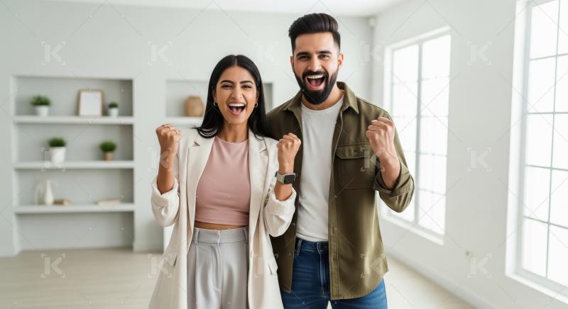 A joyful young Indian couple celebrates their success together w