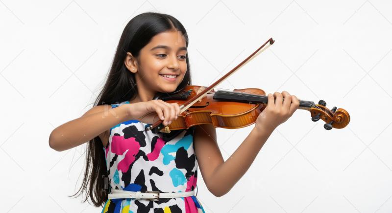 A talented little Indian girl plays the violin with focus and jo