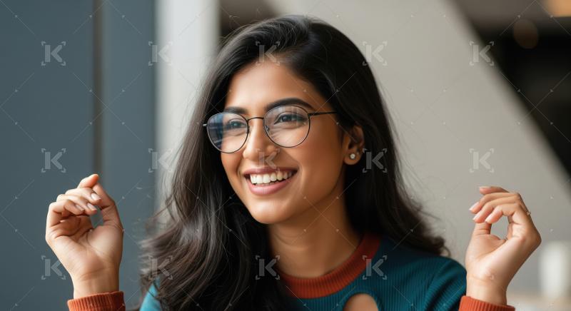 A stylish young Indian woman with long flowing hair and sunglass