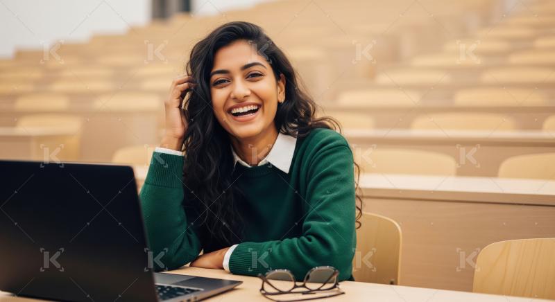 A confident and creative young Indian woman works on her laptop