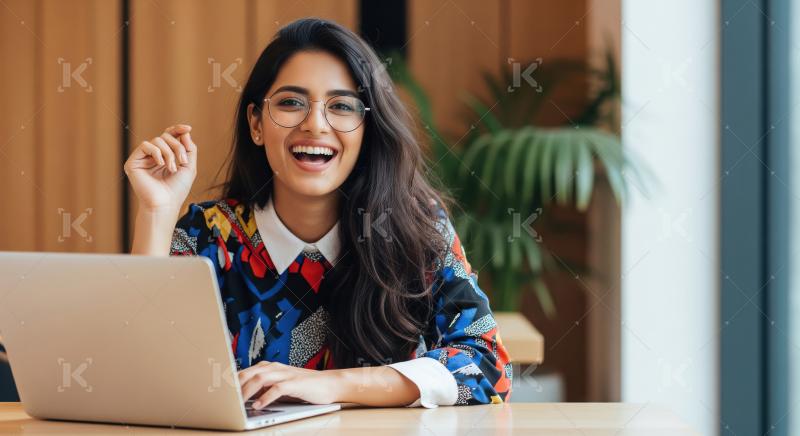 A confident and creative young Indian woman works on her laptop