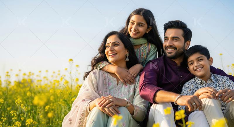 A happy Indian family of four enjoys a peaceful and loving momen