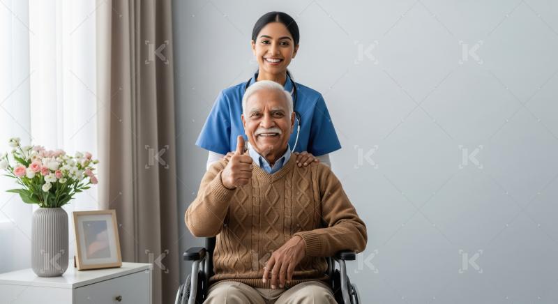 An elderly man in a wheelchair gives a thumbs-up while a nurse s