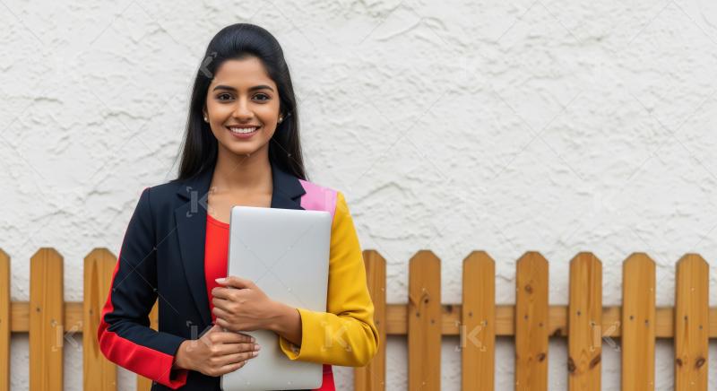 A confident young Indian woman in a colorful blazer stands smili