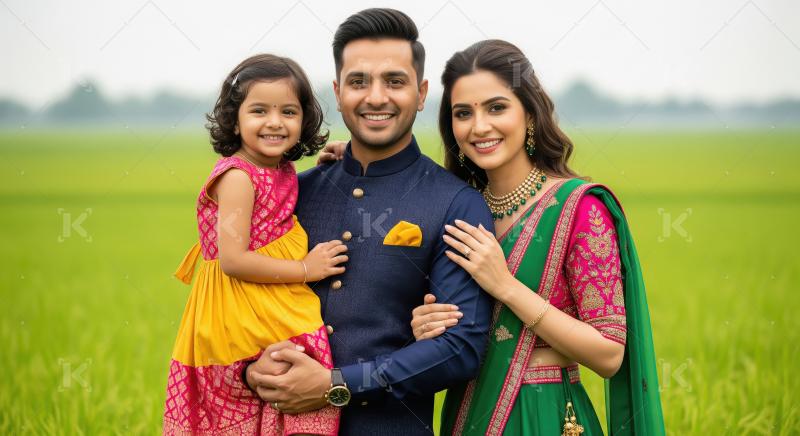 A heartwarming Indian family in traditional attire poses togethe