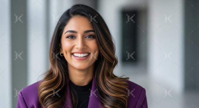 A radiant and joyful Indian woman with modern styled hair and a