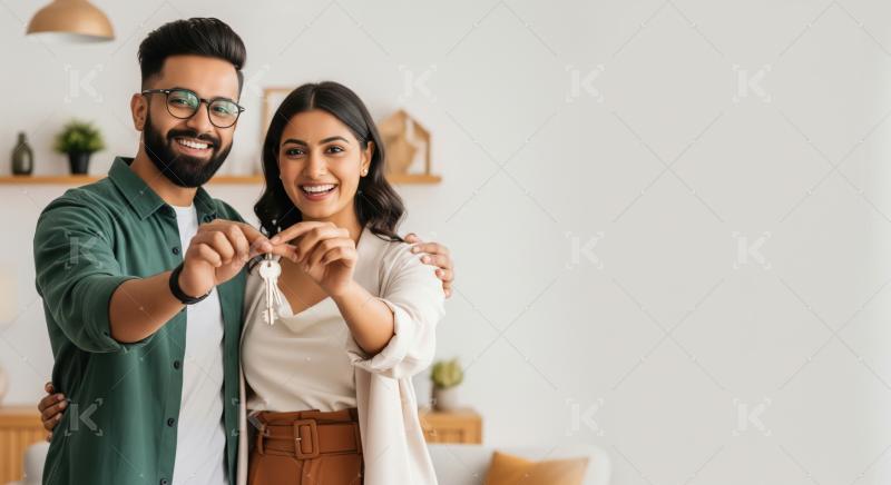A happy Indian couple holds keys to their new home, celebrating