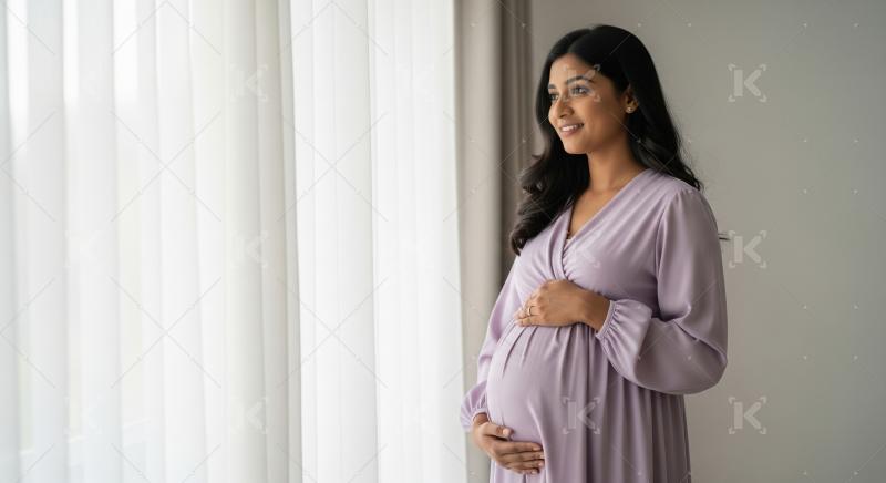 A serene pregnant Indian woman gently cradles her belly by a sun