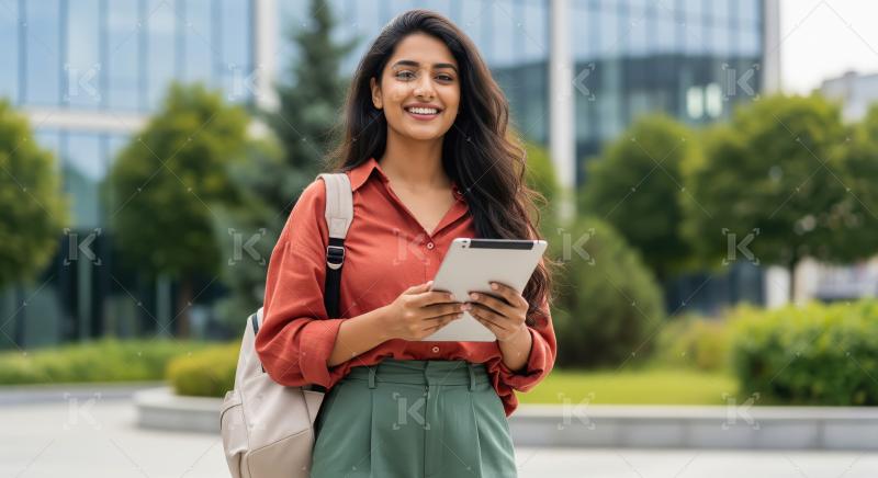 A stylish Indian student stands outdoors on campus holding a tab