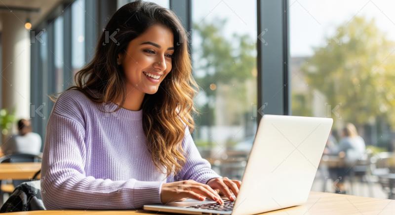 An Indian woman works on her laptop in a sunlit café