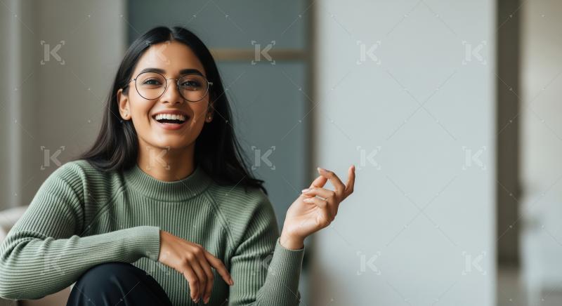A young Indian woman in a green sweater sits indoors, looking re