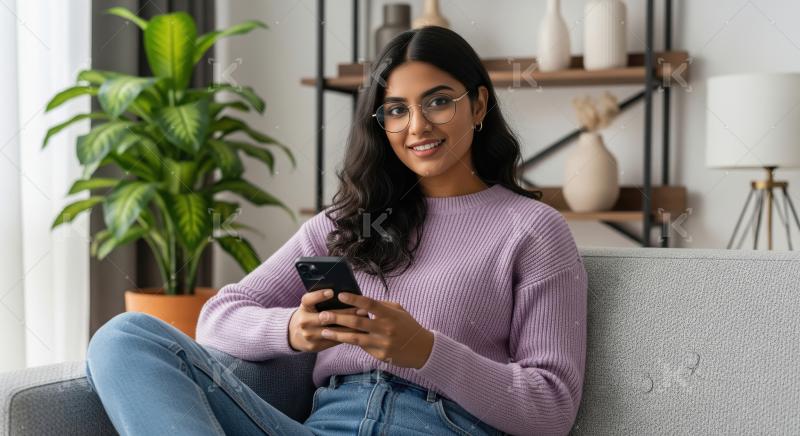 A stylish Indian woman sits comfortably on a modern sofa, using