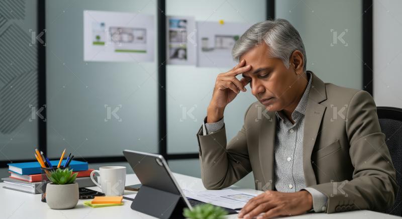A senior Indian man in a suit looks stressed and contemplative w