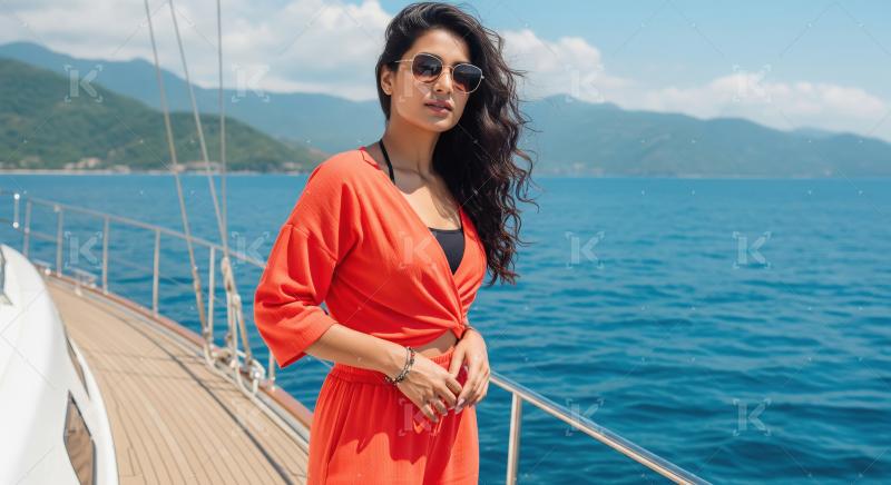 A stunning young Indian woman in a vibrant bikini relaxes on a y