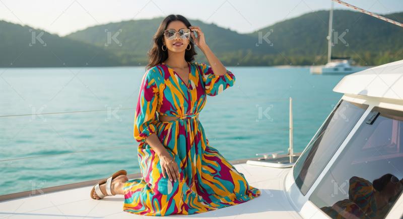 A stunning young Indian woman in a vibrant bikini relaxes on a y