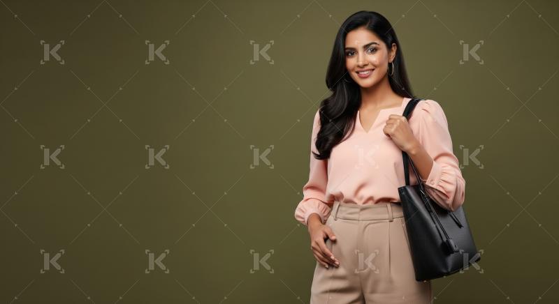A stylish young Indian woman stands confidently in a pink blouse