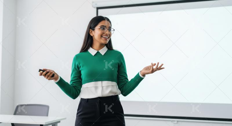 A confident young Indian woman in a green sweater gives a lively