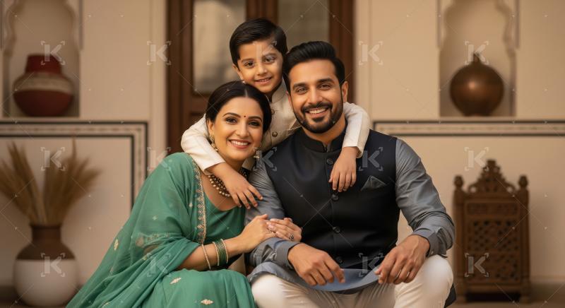A happy Indian family of three poses together indoors, smiling w
