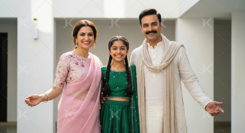 A cheerful Indian family of three poses together in traditional