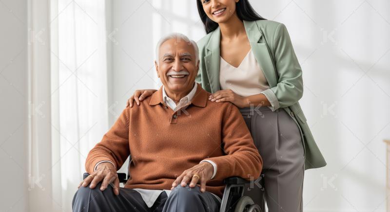 An elderly man in a wheelchair smiles warmly with a supportive y
