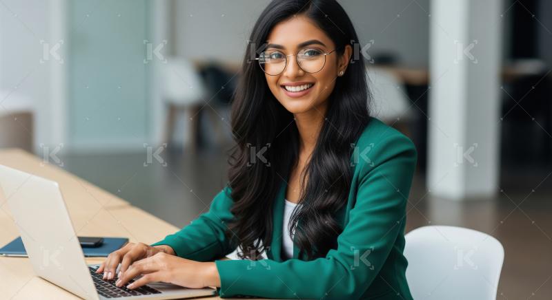 A confident, stylish Indian businesswoman works on her laptop in