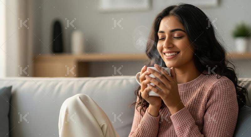 A young Indian woman in a pink sweater relaxes on a couch with a
