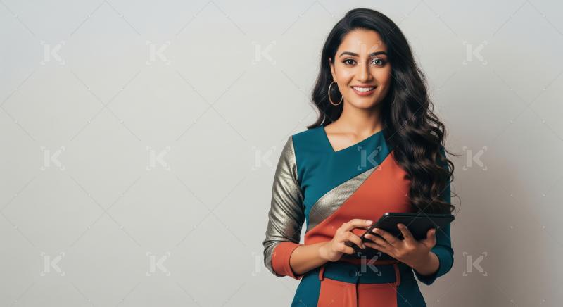 A vibrant young Indian woman standing confidently in a stylish c