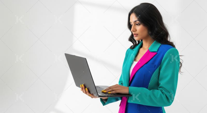 A young Indian businesswoman in a colorful suit confidently work