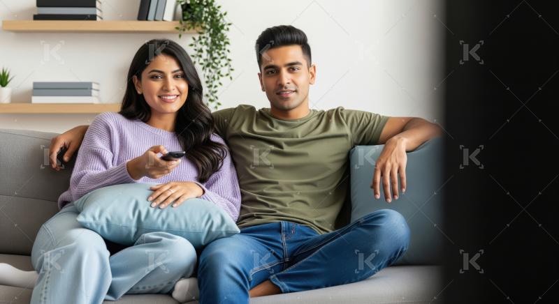 An Indian couple sits together in a modern living room, relaxing