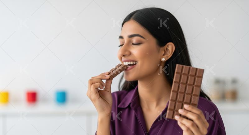 A young Indian woman in a purple shirt enjoys eating a bar of ch