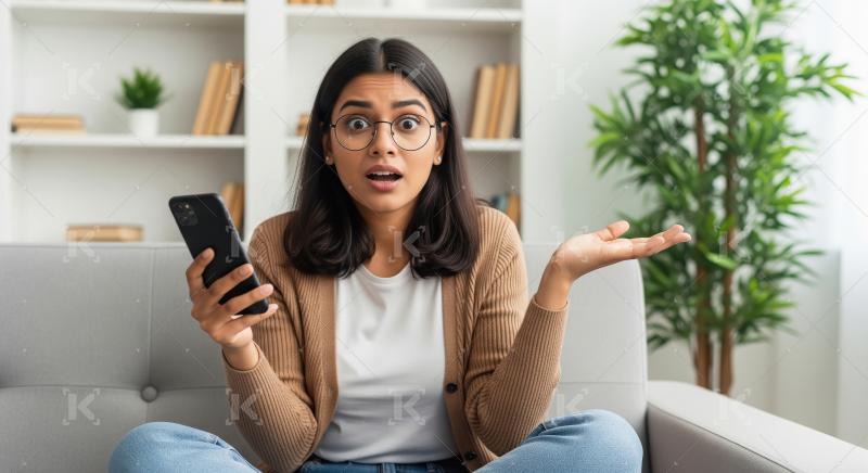 A young Indian woman in casual attire sits cross-legged on a sof