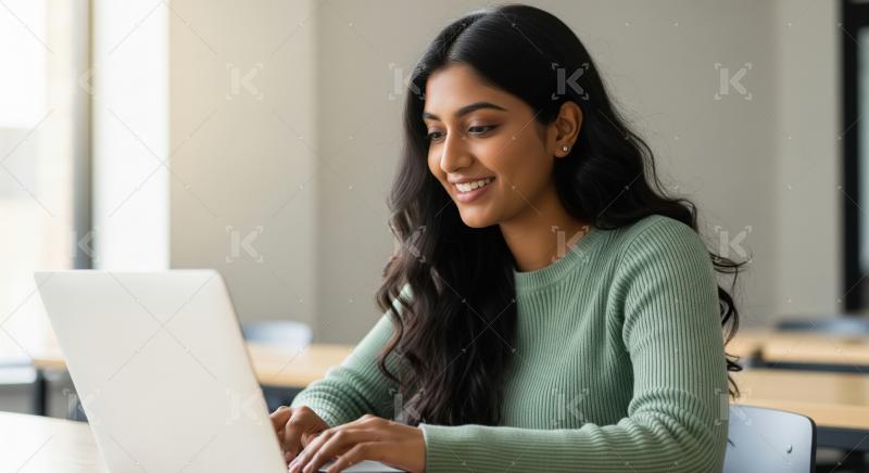 A young woman smiles while working on a laptop in a bright class