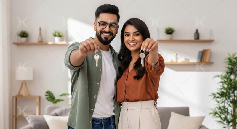 A young Indian couple stands together in a modern living room, s