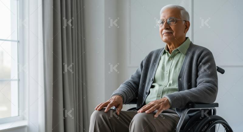 Indian senior man sitting on wheelchair