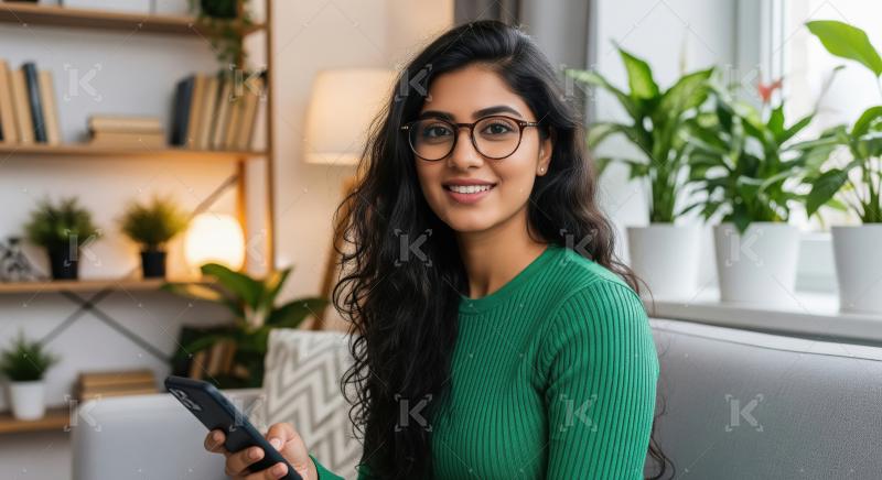 A young Indian woman in a green sweater relaxes on a modern sofa