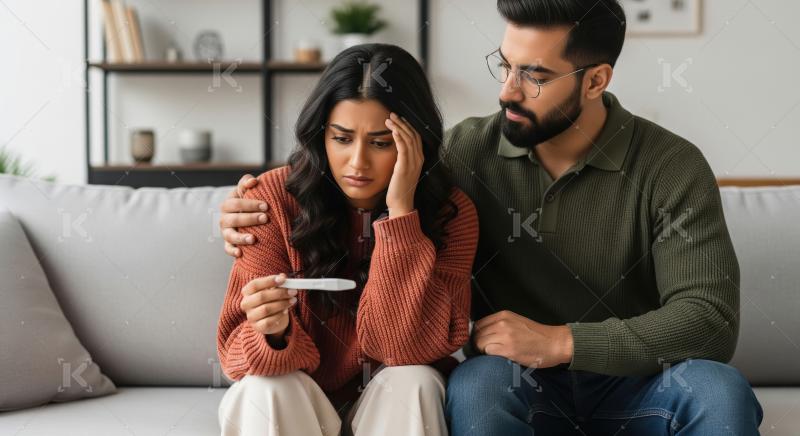 An emotional young Indian couple sits on sofa, the woman holding