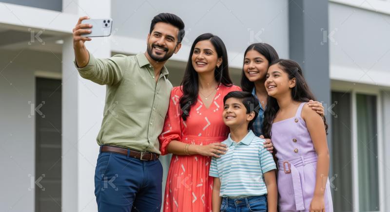 Indian family of four—parents and two children—stands smilin
