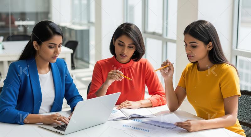 Three young Indian women in professional attire collaborate arou