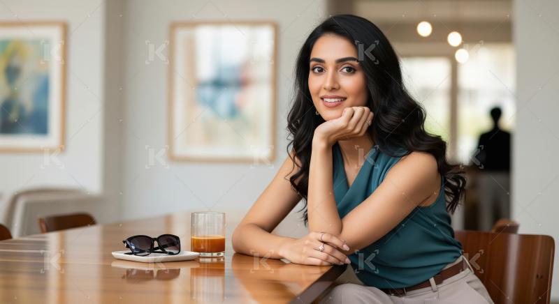 A stylish young Indian woman sits thoughtfully at a modern cafe