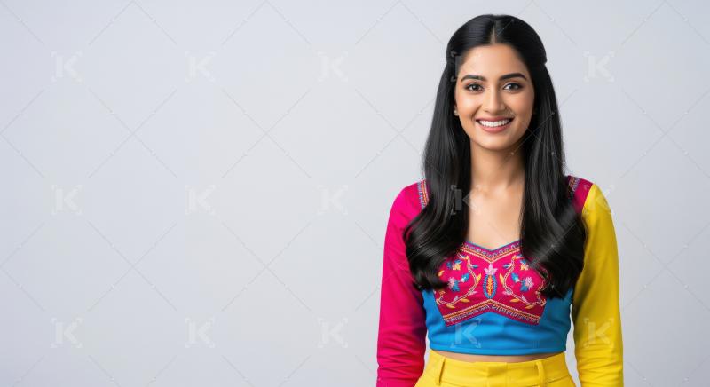 A fashionable young Indian woman with long black hair poses eleg