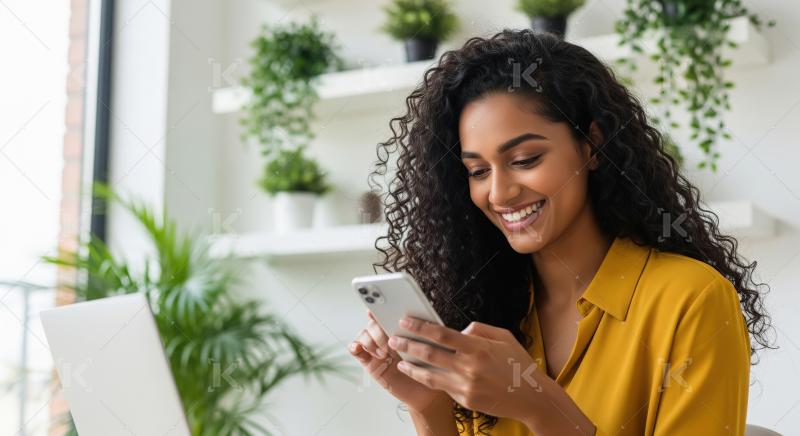 A joyful Indian woman with curly hair uses her smartphone at a m