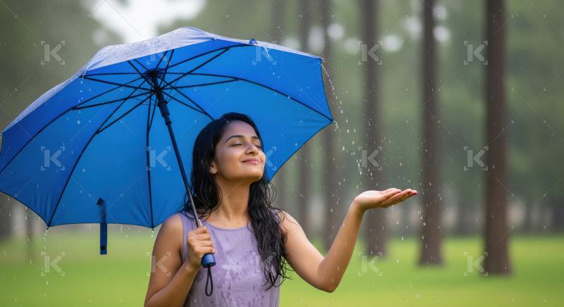 A young Indian woman playfully enjoys the rain under a large blu