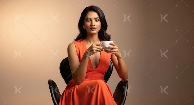 A modern Indian woman in an elegant orange gown sits confidently
