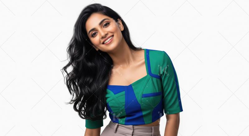 A fashionable young Indian woman with long black hair poses eleg