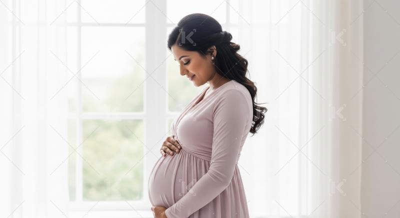 A beautiful pregnant Indian woman holds her baby bump
